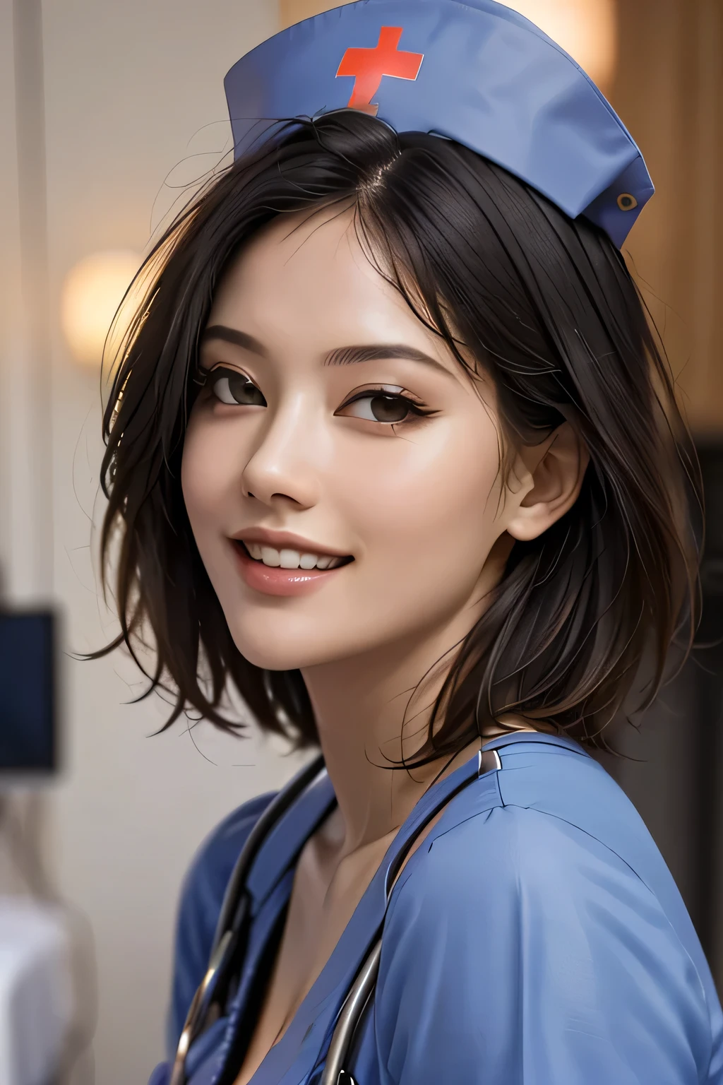 (masterpiece:1.2, Highest quality), (Realistic, photoRealistic:1.4), Beautiful CG, (Natural Side Lighting, Cinema Lighting), Looking at the audience, Upper Body, (Front view), 1 girl, Perfect Face, Symmetrical cute face, double eyelid, Long eyelashes, (Large Breasts), Beautiful Hair, Beautiful Face, Beautiful and beautiful eyes, Glowing Skin, Beautiful body, Beautiful breasts, Beautiful thighs, Beautiful feet, ((background: Hospital room)), (Beautiful smile:1.2, wonderful), ((Wearing a nurse cap and uniform)), (Bob Hair), (from the front)
