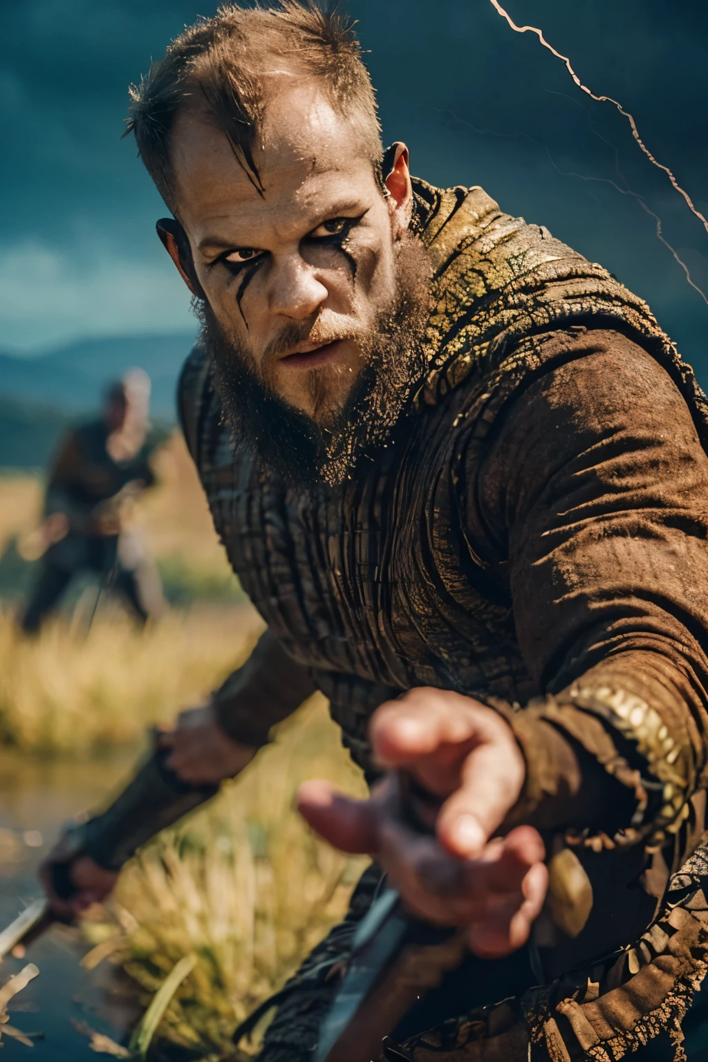 Hyper realistic, ultra detailed, cinematic posterof Floki a viking warrior, old man, 50 years old, black makeup on eyes, beard, ((action scene)), in dynamic combat pose, ((night, rain fall)) , ultra realistic, skin texture, cinematic lighting. (((Cinematic thunder background))) .