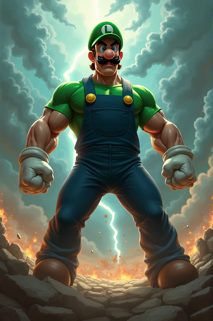 Strong and epic Luigi with a serious expression and in an epic battle 