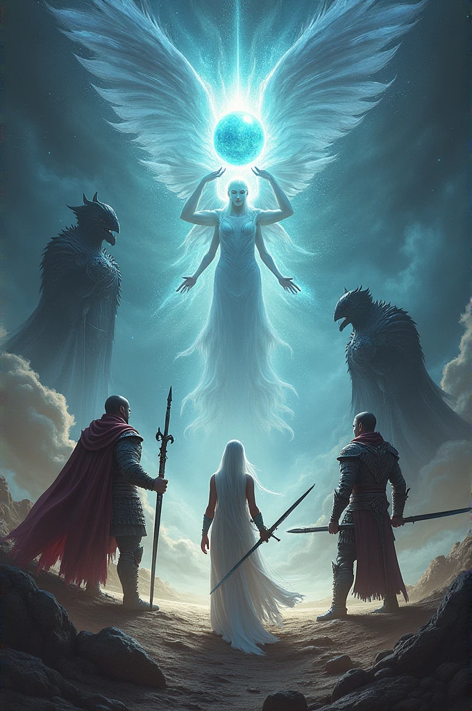 Create a digitsl art in which three heroes that uses a sword, a spear and a bow on the left side with a god on the left hand corner seemingly trying to give them blessing, while 2 enemies on the right side in which a small unknown black entity can be seen. And a deity/fairy in the middle with open arms who seems to want to see who will win the protected and powerful pearl she has