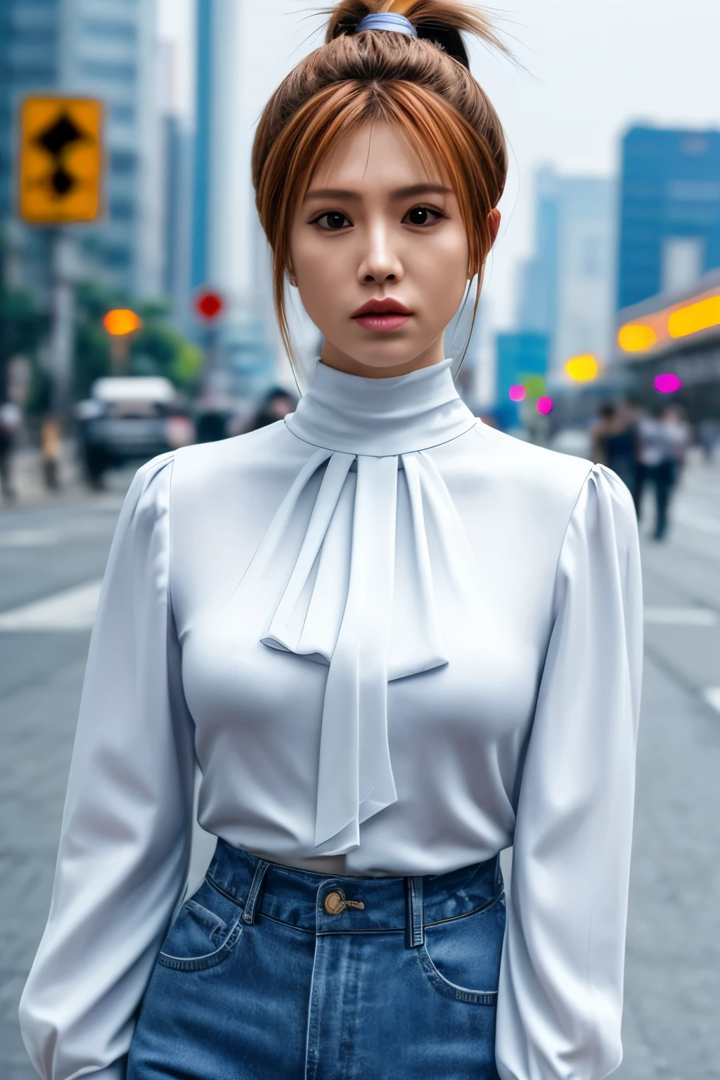 ((masterpiece, best quality)), a 30 year old young woman (high detail skin), legs, Ponytail hair, look at camera (High-Neck Blouse with high detail:1.3), (various expressions:1.2), various poses, Jakarta city street background, (UHD, 8K wallpaper, High resolution), Cinematic lighting, physically based rendering, award winner, highly detailed skin, extra detailed face, highly detailed eyes, Carl Zeiss 85 mm F/1.4