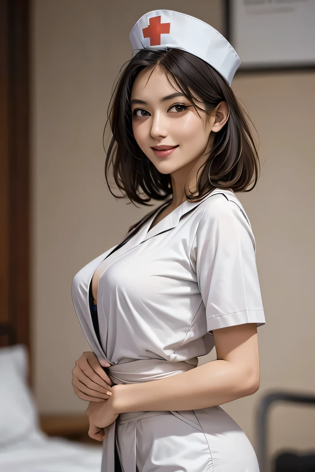 (masterpiece:1.2, Highest quality), (Realistic, photoRealistic:1.4), Beautiful CG, (Natural Side Lighting, Cinema Lighting), Looking at the audience, Upper Body, (Front view), 1 girl, Perfect Face, Symmetrical cute face, double eyelid, Long eyelashes, (Large Breasts), Beautiful Hair, Beautiful Face, Beautiful and beautiful eyes, Glowing Skin, Beautiful body, Beautiful breasts, Beautiful thighs, Beautiful feet, ((background: Hospital room)), (Beautiful smile:1.2, wonderful), ((Wearing a nurse cap and uniform)), (Bob Hair), (from the front)
