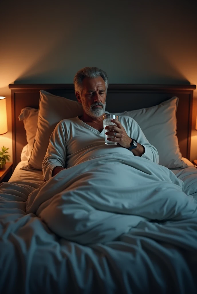 55 year old man, lying on couch, beige blanket, watching movie