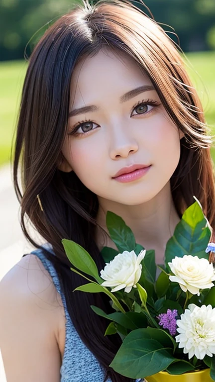 Close-up of a woman holding a vase of flowers, There are flowers, magazine photo, author:Ayami Kojima, official artwork, Shin Jin Young, There are frozen flowers around her, author:Ni Tian, Di Li Gerba, Nam Jae-yeon, Simsbo, Huang Shiwen, Mackenzie Foy, author:Zhang Han, Park Jimin, author:gold farmer