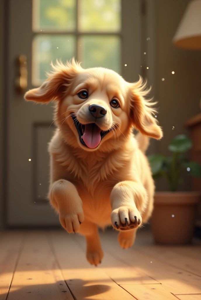 Golden Retriever、Thick and distinctive eyebrows、Sticking out tongue、Eyes are round、Jumping、Old dog
