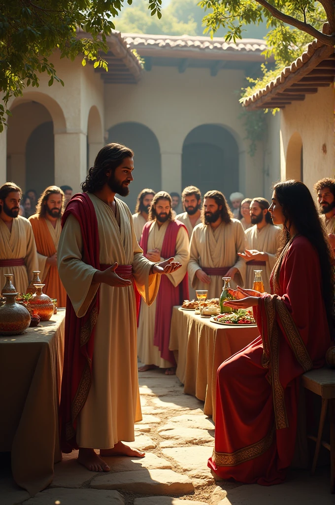 A wedding scene in Cana, Galilee, during biblical times. Jesus is standing among the guests, speaking with his mother, Mary, while the disciples watch attentively. The setting is a rustic, outdoor celebration with people dressed in traditional ancient Jewish garments. The atmosphere is festive with tables full of food and wine jars nearby