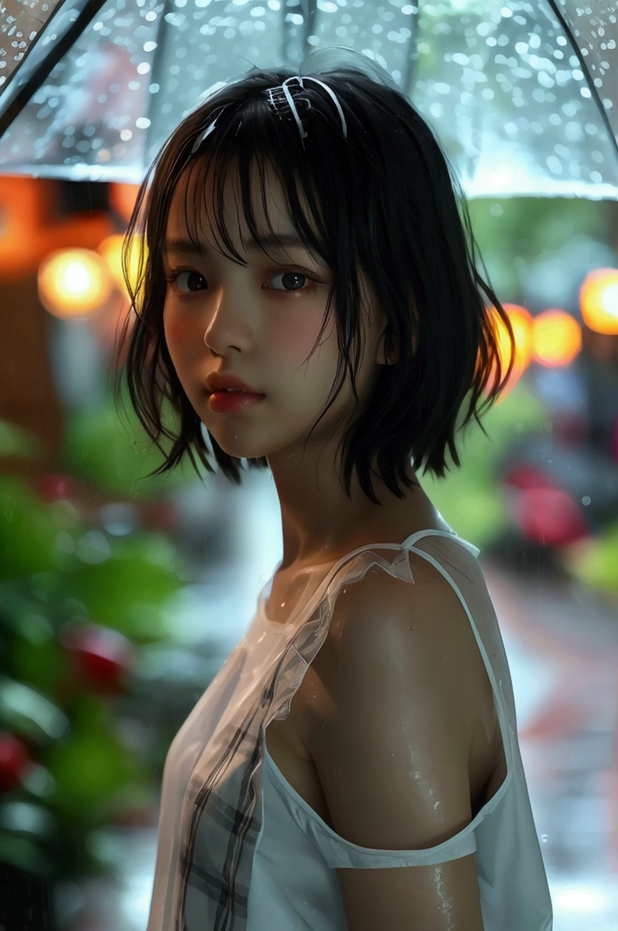 (8k, Photorealistic, Raw photo, Highest quality: 1.4),Japanese idol-style beautiful girl,1 person,17 years old,(Short Bob),(Black),She has her hair tucked behind her ears,Clear grey eyes,Eyes moist,Long eyelashes,(piercings(small)),(Lip gloss),lips(Plump,glossy),Skin that is as white and smooth as translucent porcelain,Thin and delicate shoulders,thin abdomen,(blouse(White,Short sleeve)),(Pleated skirt(Plaid)),(loafers),summer,On the way home from school,Sudden squall,Soaked from head to toe,My shirt is wet and transparent,On the way home from school,Rain shelter under the eaves,Looking out at the rainy street,(Full body snapshot: 1.4)