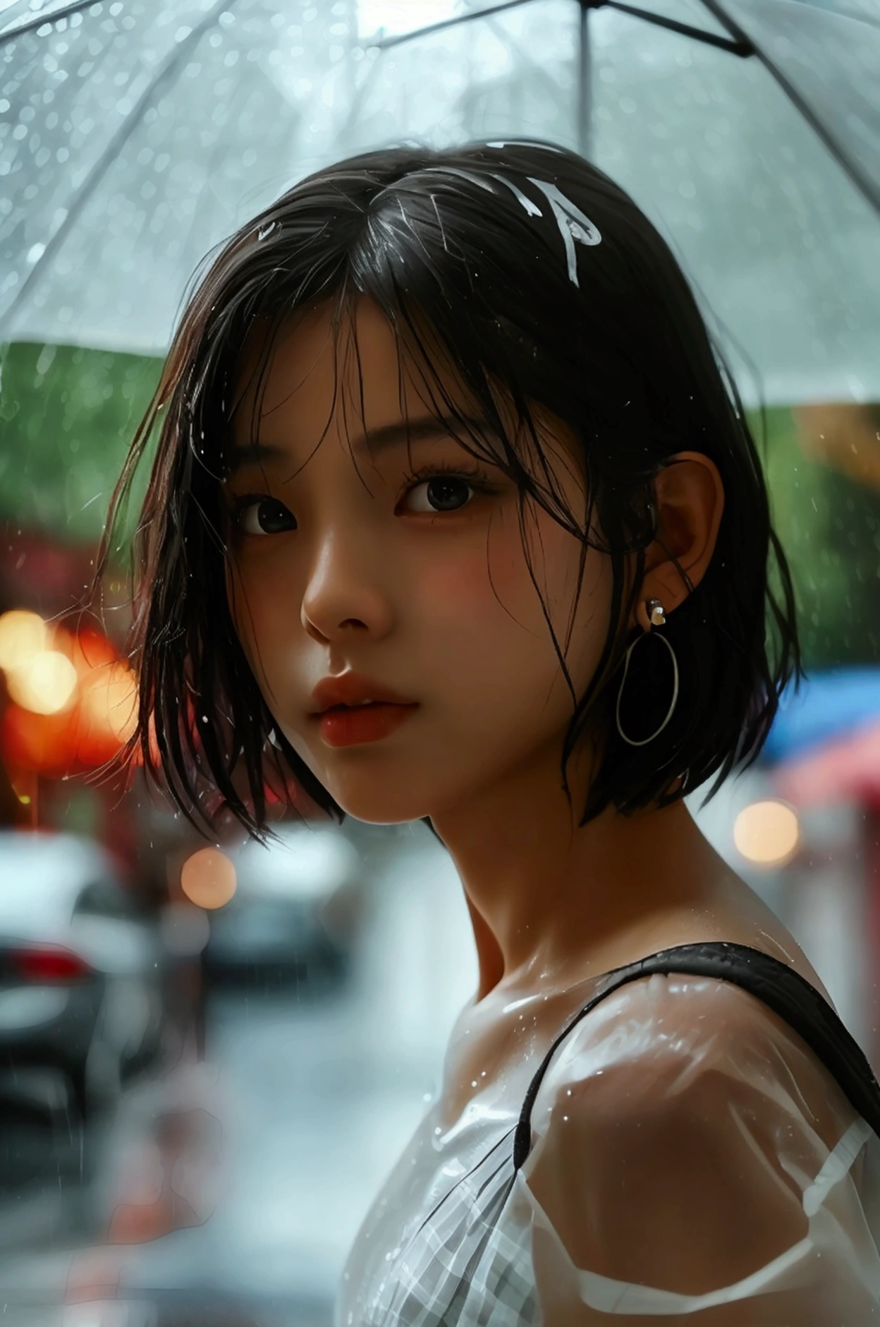 (8k, Photorealistic, Raw photo, Highest quality: 1.4),Japanese idol-style beautiful girl,1 person,,(Short Bob),(Black),She has her hair tucked behind her ears,Clear grey eyes,Eyes moist,Long eyelashes,(piercings(small)),(Lip gloss),lips(Plump,glossy),Skin that is as white and smooth as translucent porcelain,Thin and delicate shoulders,thin abdomen,(blouse(White,Short sleeve)),(Pleated skirt(Plaid)),(loafers),summer,On the way home from school,Sudden squall,Soaked from head to toe,My shirt is wet and transparent,On the way home from school,Rain shelter under the eaves,Looking out at the rainy street,(Full body snapshot: 1.4)