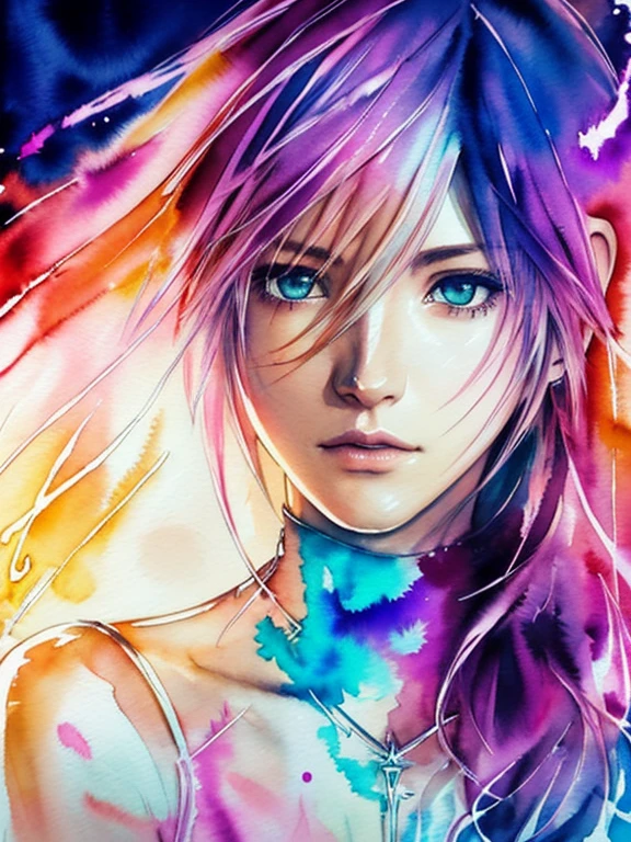 (((Agnes Cecile:1.3, watercolor))), precise lineart:1.1, glowing design, ink drops, Final Fantasy XIII Character Lightning (Claire Farron), centered, key visual, intricate, highly detailed, breathtaking beauty, vibrant, Beautiful Muses, comprehensive cinematic, ((Carne Griffiths, Conrad Roset)), autumn lights, (the most beautiful portrait in the world:1.4), (masterpiece, best quality), 