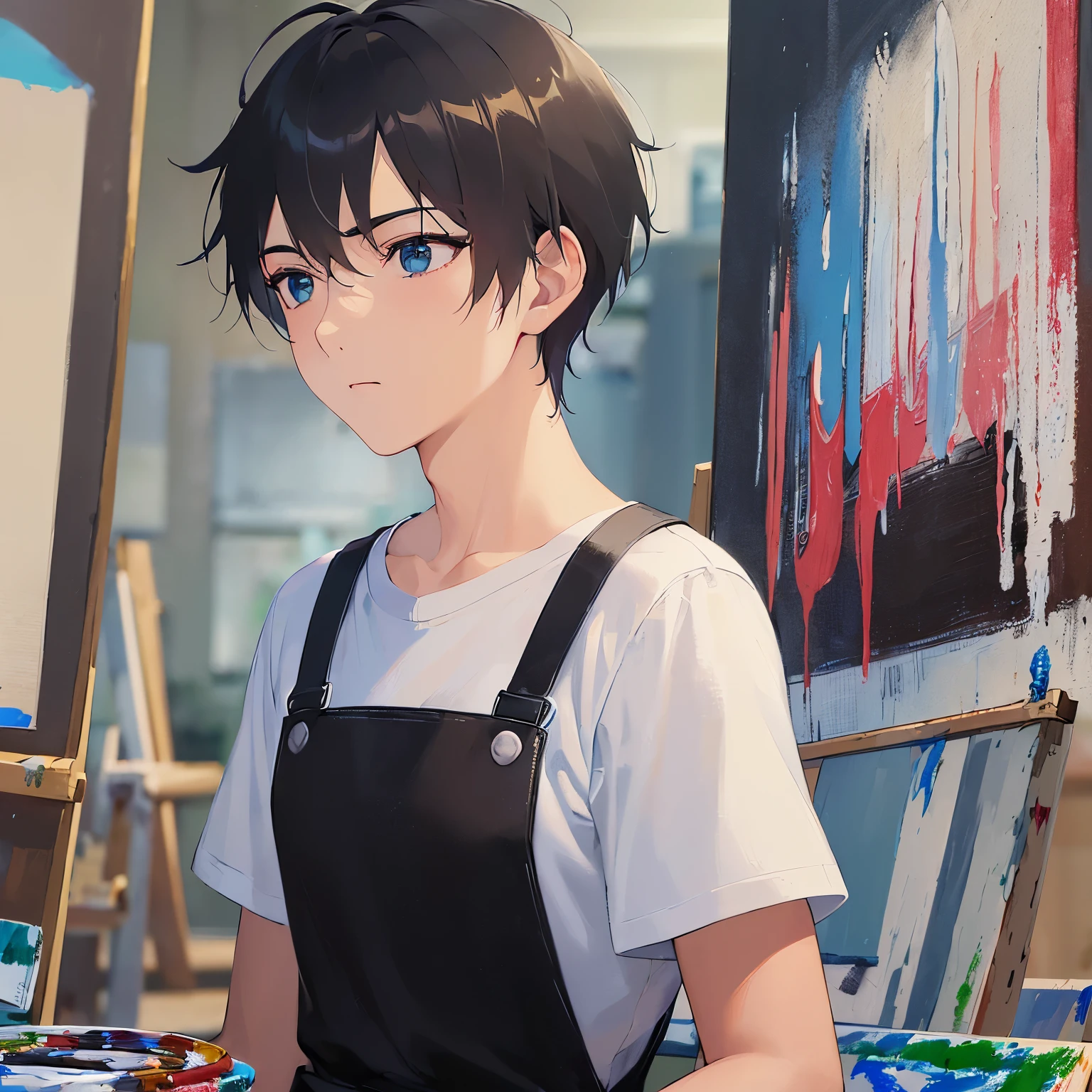 (painting on canvas:1.5)、(looking away:1.5),(25-year-old male:1.3) and (Black short hair) and (blue eyes), ,Side shot、upper body、
shiny skin, masterpiece、Highest quality、
(black T shirts)、apron、canvas、
Serious,Art Room