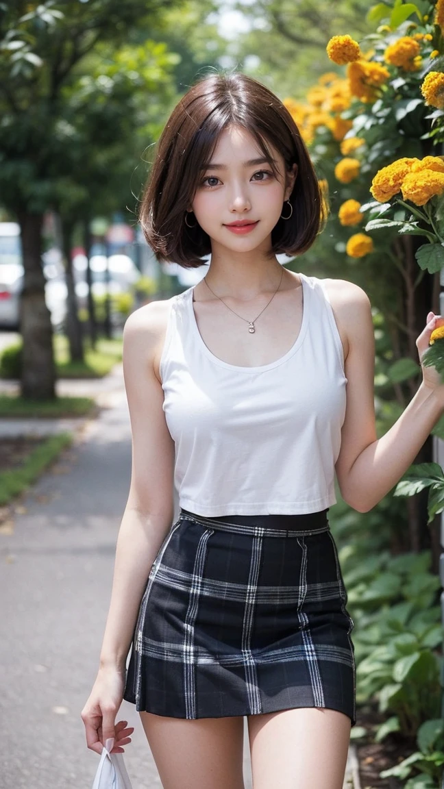 (Beautiful girl Walking in a flower garden), ((Surrounded by lots of marigolds)), (masterpiece:1.3), light makeup, red lips, beautiful hair, Black hair, (Medium bob hair:1.3), elegant, soft lighting, Very fine details, masterworks, authentic texture, perfect work, (1 girl), (One Woman), 16k, high resolution, exquisite features, brown eyes, (Ultra-high resolution eye:1.1), Japanese idol, beautiful face, ((artists work)), (gentle smile like a goddess), attractive, well-shaped breasts, beautiful cleavage, shiny skin, smooth skin, BREAK, (Wear a short-sleeved summer jacket over a White tank top:1.3), BREAK, (Argyle check flared mini skirt:1.3), earrings, necklace, BREAK, upper body, (Standing position), (open legs), (lovely smile), Walking,(Low Angle Shot:1.2), shoot from below,