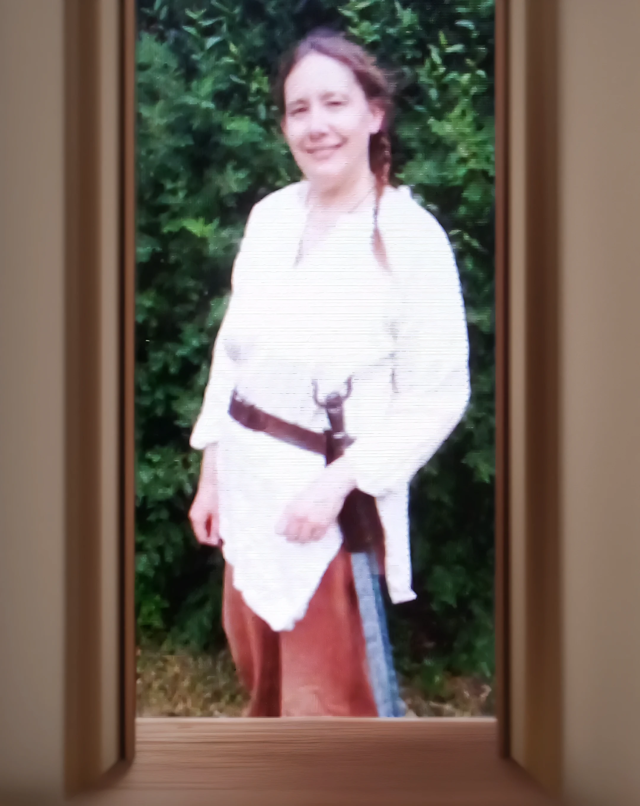 there is a woman in a white shirt and brown skirt, wearing a white folkdrakt dress, wearing toga, wearing a toga, wearing a toga and sandals, wearing white robes!, wearing a white gi, wearing an old tunic, in costume, wearing white robe, wearing a white robe