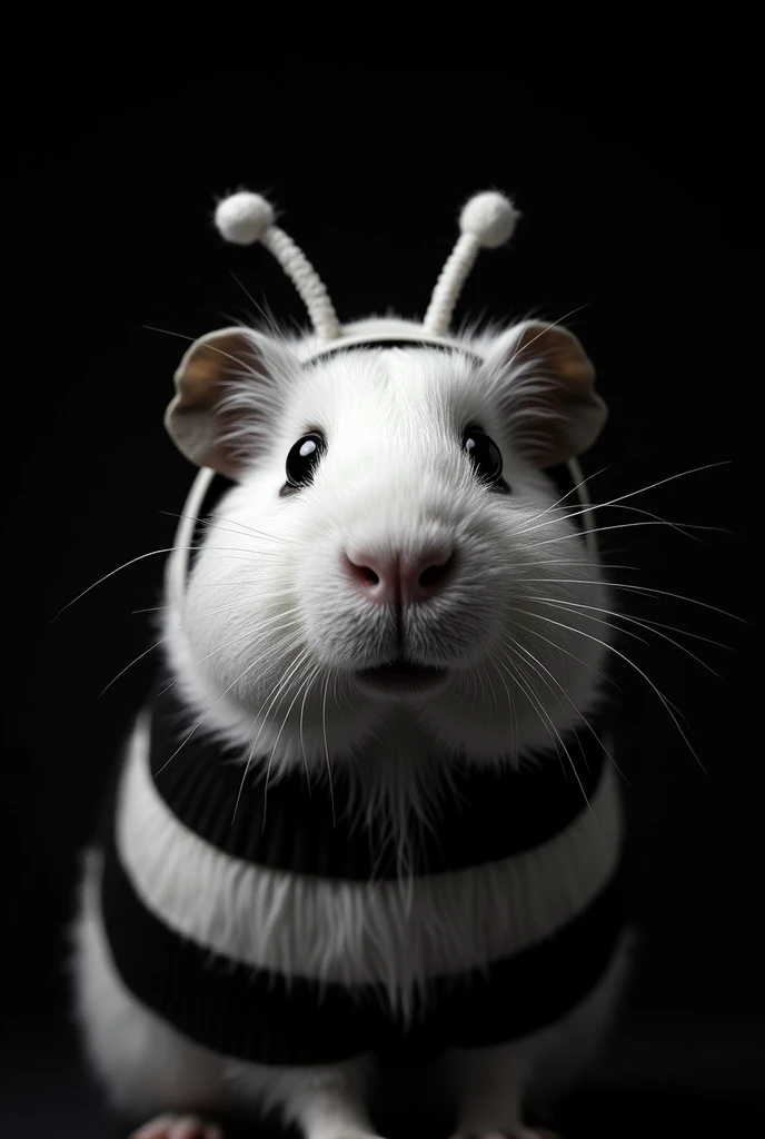 Give me the head of a guinea pig with a bee costume.

Better do it with a total black background and only use white color.