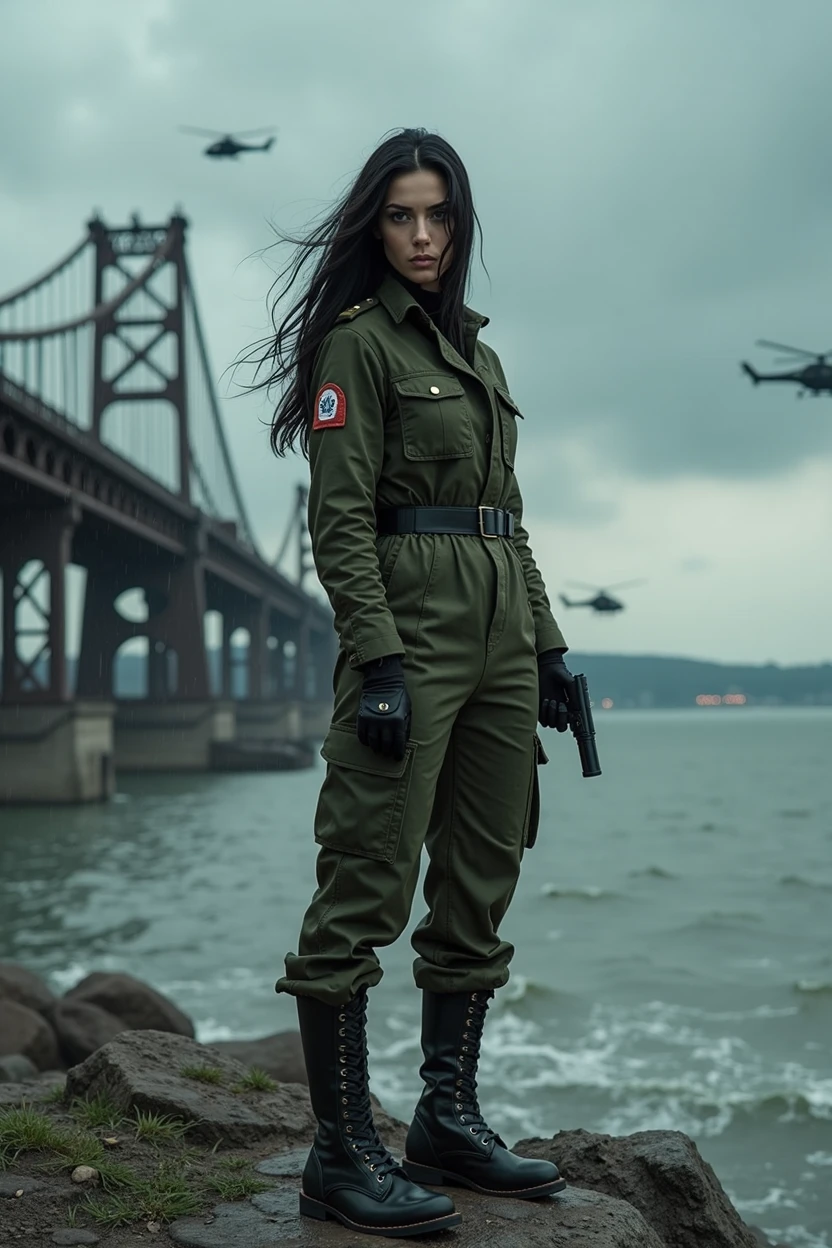(Wide-angle lens)A 30-year-old woman with long black hair wearing military uniform.,Boots, trousers,high-heel boots,full-body shot,Side,War Background,seaSide,Iron bridge, Helicopters,Dark clouds sky,Science Fiction, dark's mood, full-body shot片,War atmosphere,Excellent detail,full-body shot片,Film Style,Soviet era,dark,Depressing atmosphere,In the wind and rain,Holding a pistol