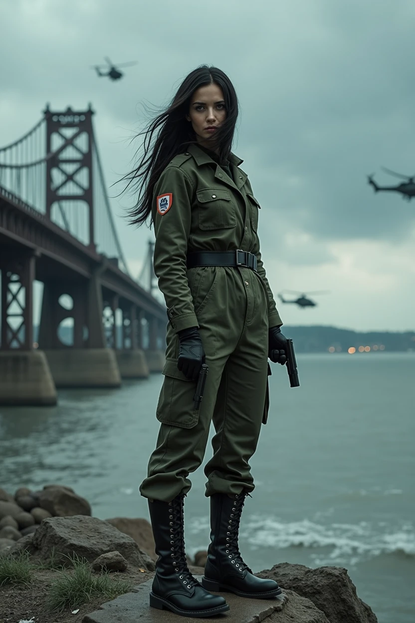（Wide-angle lens）A 30-year-old woman with long black hair wearing military uniform.,Boots， trousers，high-heel boots，full-body shot，Side，War Background，seaSide，Iron bridge, Helicopters，Dark clouds sky，Science Fiction, dark&#39;s mood, full-body shot片，War atmosphere，Excellent detail，full-body shot片，Film Style，Soviet era，dark，Depressing atmosphere，In the wind and rain，Holding a pistol