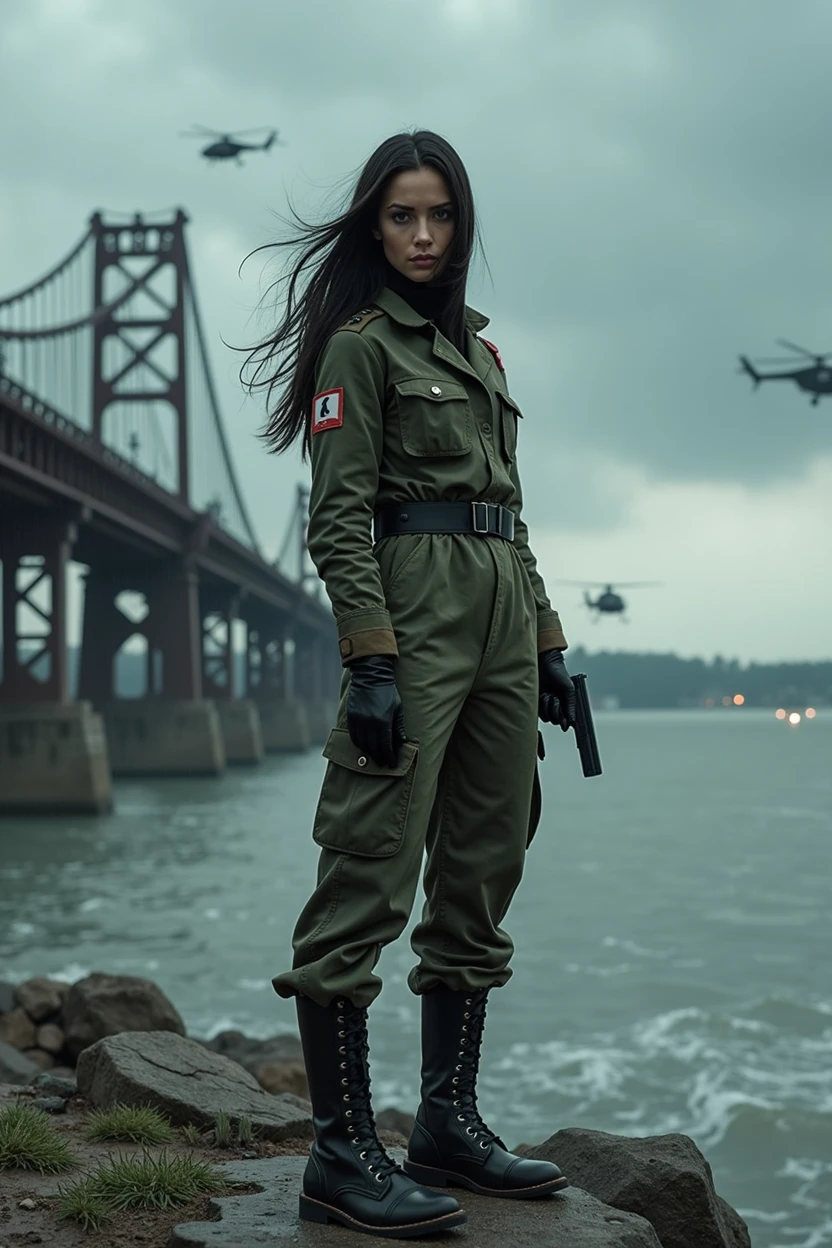(Wide-angle lens)A 30-year-old woman with long black hair wearing military uniform.,Boots, trousers,high-heel boots,full-body shot,Side,War Background,seaSide,Iron bridge, Helicopters,Dark clouds sky,Science Fiction, dark's mood, full-body shot片,War atmosphere,Excellent detail,full-body shot片,Film Style,Soviet era,dark,Depressing atmosphere,In the wind and rain,Holding a pistol