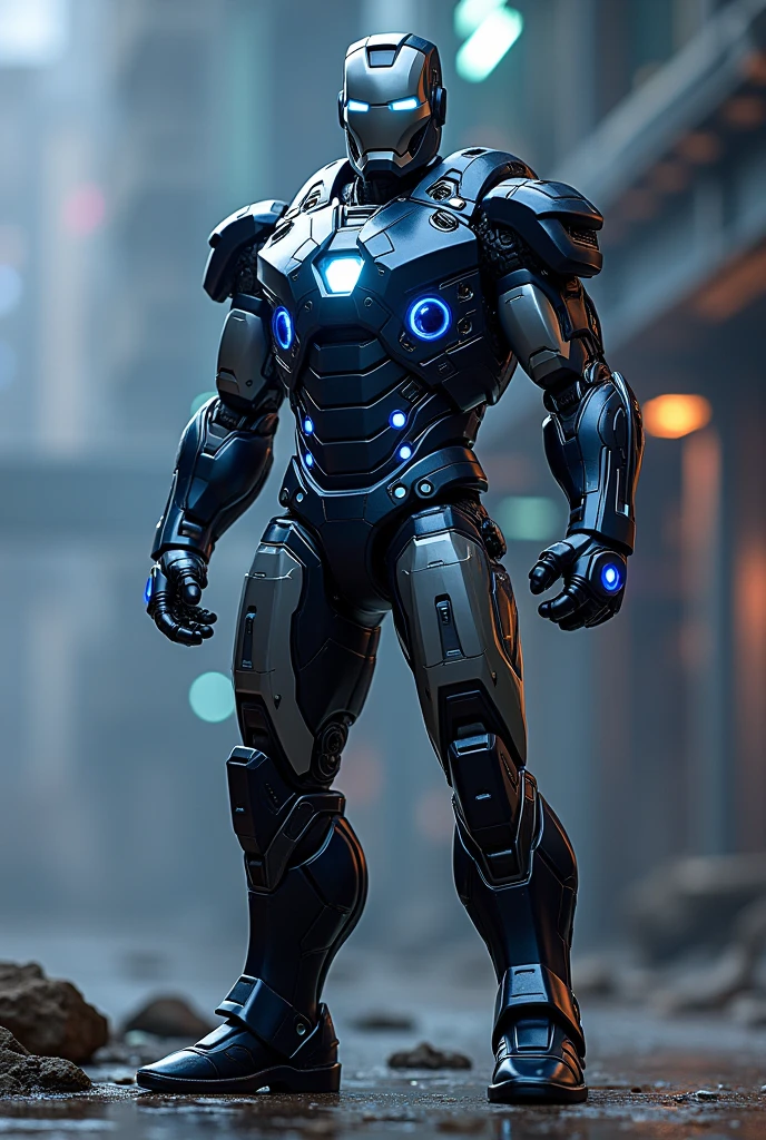 Iron Man with dark and blue suit and with advanced technology in suit epic look