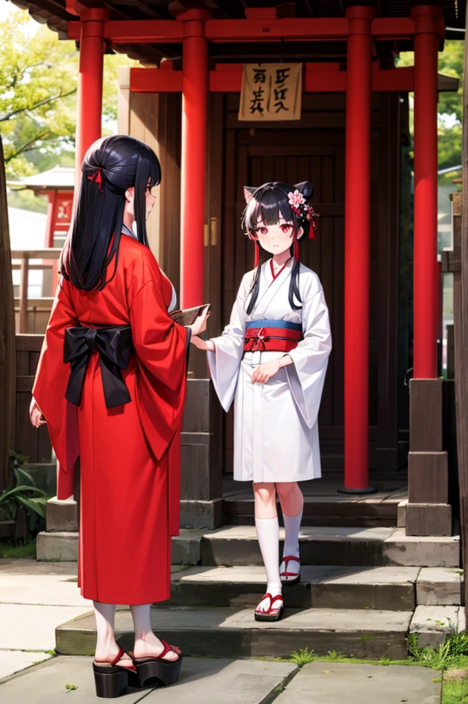 ((masterpiece,Highest quality)),Outdoor, Red Torii Gate, wood, stage,, Two Girls, Shrine maiden,Shrine maiden, View your viewers, Recall,, Red legwear, red ribbon, Black Hair,cherry blossoms, Day, flower, Hair Bun, hair ribbon, kimono, kimono, Long Hair, Cat ear, small flowers,, Multiple Girls, Red eyes, Redhead, ribbon, Sandals, single Hair Bun, Are standing,clog Sandals,white kimono, Yellow Eyes,Shine,Knee socks,
