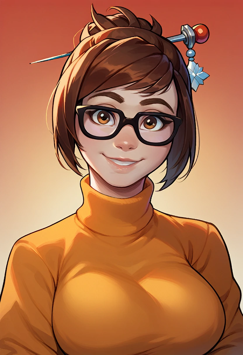 score_9, score_8_up, score_7_up, 1girl, solo, mei \(overwatch\), glasses, orange sweater, large breasts, turtleneck sweater, simple background, portrait, looking at viewer, red background, gradient background, red skirt, out of frame, looking at viewer, light smile, hair ornament,