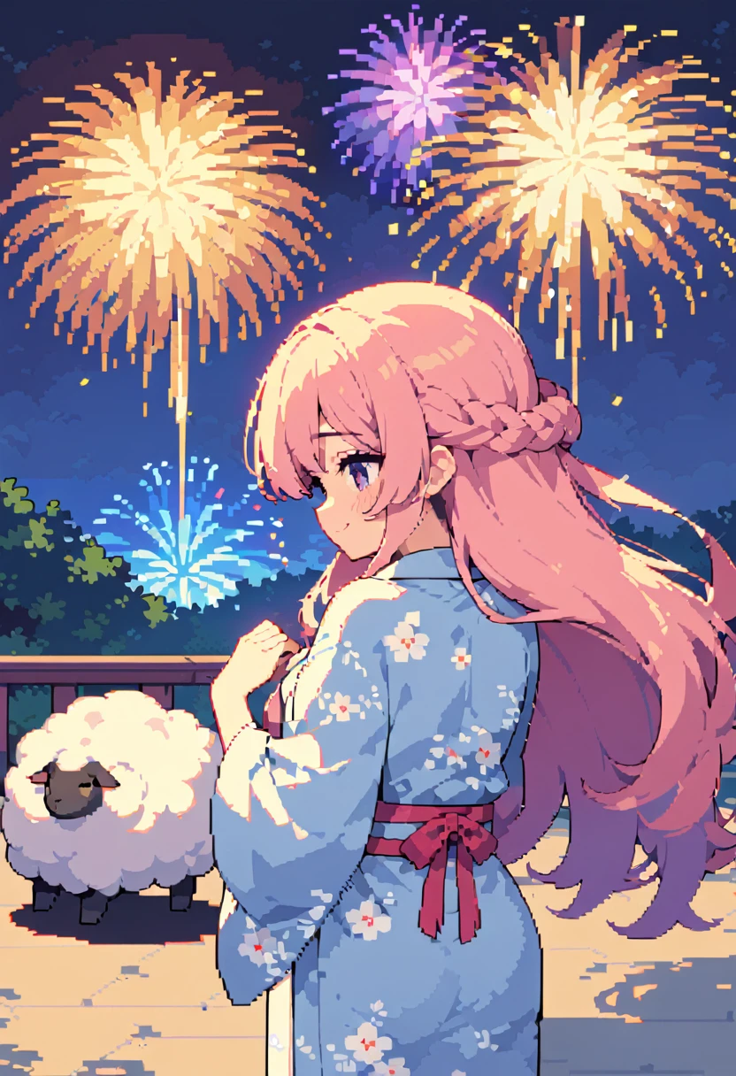 masterpiece, Highest quality, 8k, Pixel art, Pixel art, Vivid, Sheep, woman, 若いwoman, cute, (back view:1.3), Hiding his face, Smiling, Beautiful Shadows, Fluffy hair, Long Hair, Hair like sheep's hair, Pink Hair, Sheep pattern yukata, (night), Fireworks display, Fireworks are going off, Large-flowered fireworks, From the top of the hill