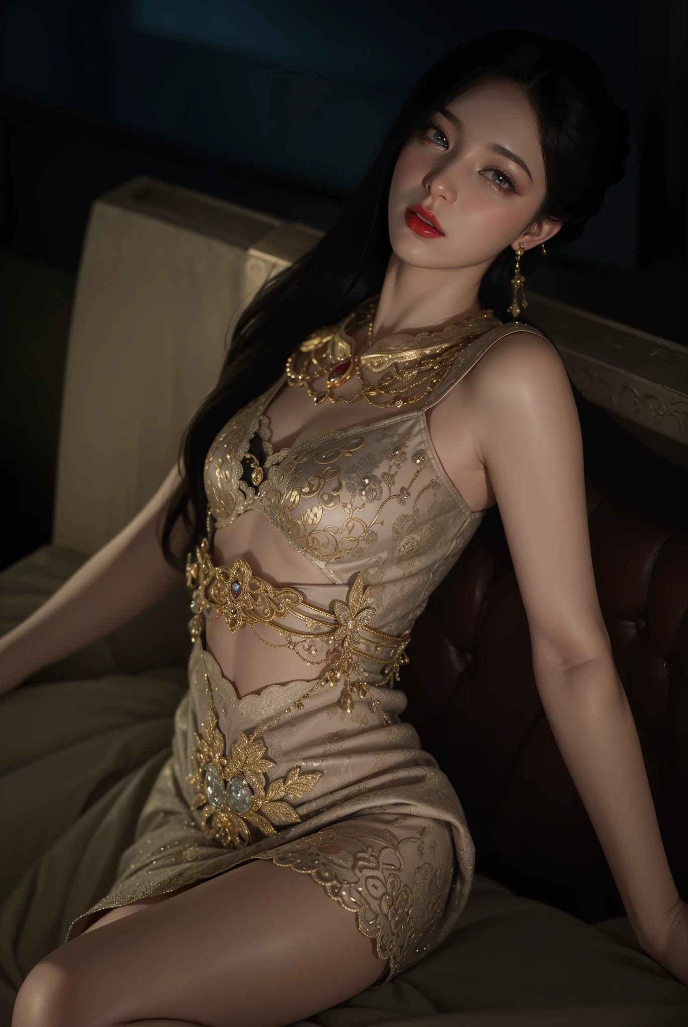 Very detailed, Delicate face, Realistic style, Stock Photography ,  rich and colorful, Surrealism, Realistic textures, Dramatic Lighting, Distiller 800  (8K, original photo, Better quality, masterpiece: 1.2), Very detailed, (Extremely delicate skin: 1.2), 8K Ultra HD, SLR camera, Soft Light, high quality， 冰冻Queen,, snow castle，Blue pupils，Apply red lipstick，Queen，Gorgeous clothing，gem, diamond, Gold Jewelry，Printed lace，Silk dress，breasts   symmetrical