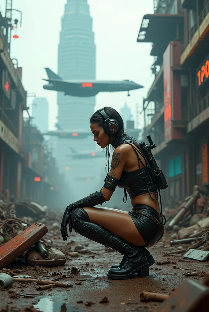cinematic cyborgpunk style visuals a little of a beautiful cyborgpunk woman wearing a fashionable jacket squatting cyborg punk looking for used goods in a rusty damaged cyborg junkyard looks sophisticated flying vehicle robotic alien jakarta cyborgpunk with sophisticated modernity in the future like a space aircraft carrier a little shabby detail reality the weather is a little cloudy with colorful lights