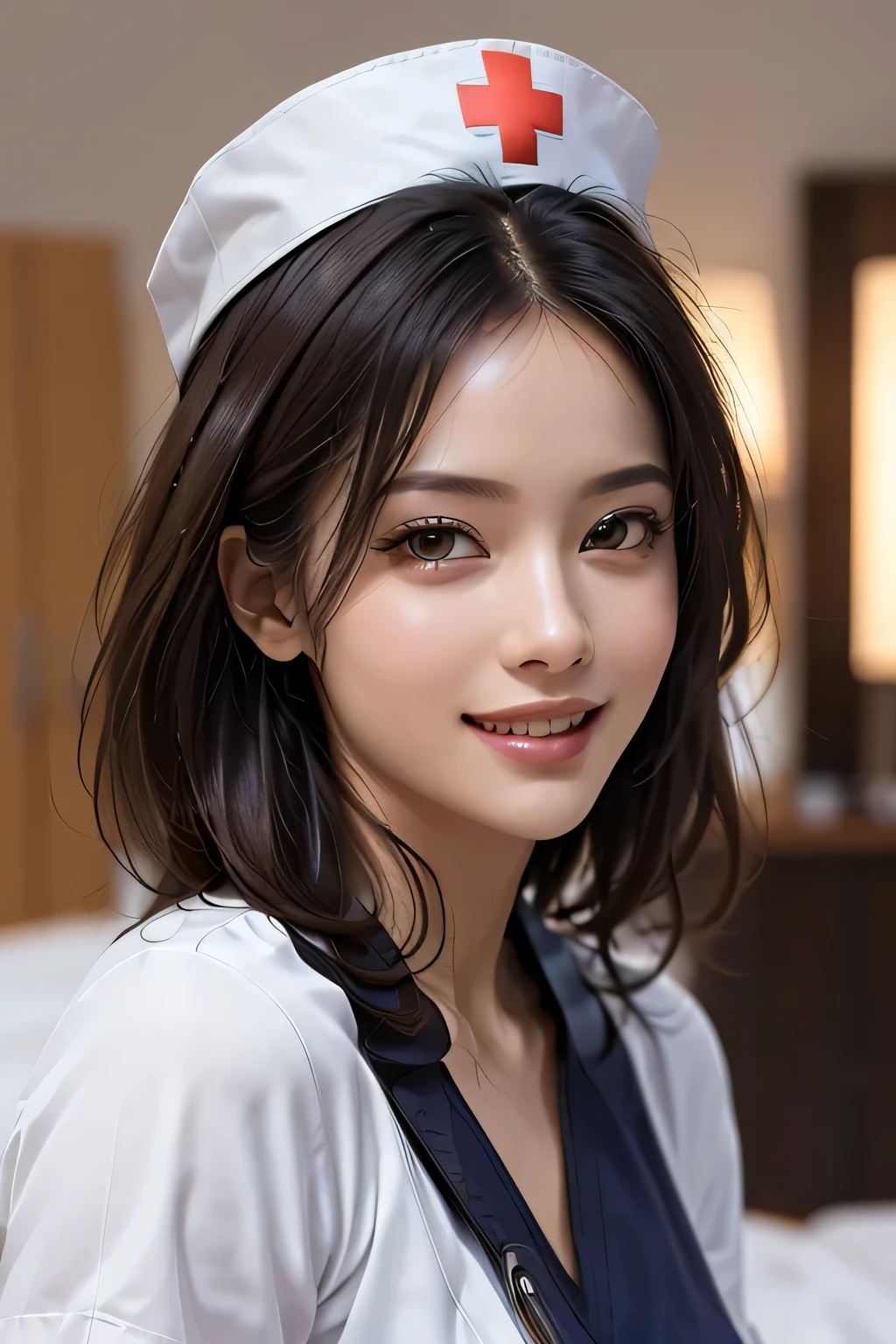 (masterpiece:1.2, Highest quality), (Realistic, photoRealistic:1.4), Beautiful CG, (Natural Side Lighting, Cinema Lighting), Looking at the audience, Upper Body, (Front view), 1 girl, Perfect Face, Symmetrical cute face, double eyelid, Long eyelashes, (Large Breasts), Beautiful Hair, Beautiful Face, Beautiful and beautiful eyes, Glowing Skin, Beautiful body, Beautiful breasts, Beautiful thighs, Beautiful feet, ((background: Hospital room)), (Beautiful smile:1.2, wonderful), ((Wearing a nurse cap and uniform)), (Bob Hair), (from the front)
