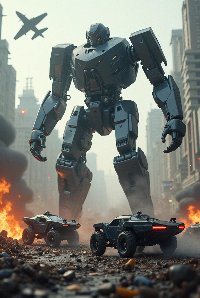 A bigger robot fighting with black colour robot cars destroys everywhere trash appear everywhere  plane rescue some people art illusion 
