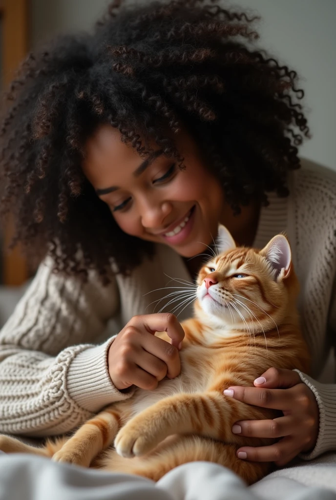 a young black woman with curly hair and her cat playing 

