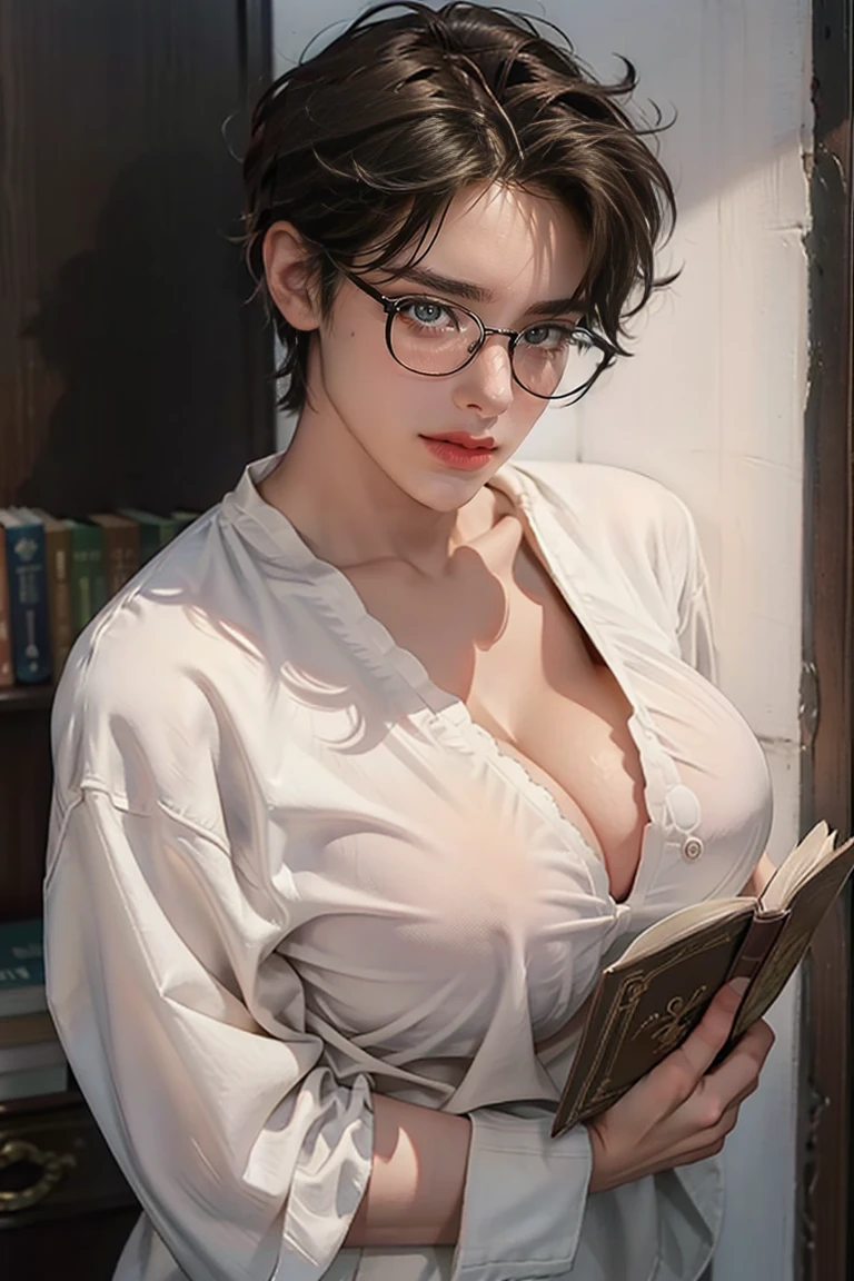male, big butt, big female breast, holding book in front of himself to hide his big breast, wearing glasses, wearing sexy clothes, ((huge breasts: 1.4)), lewd, erotic