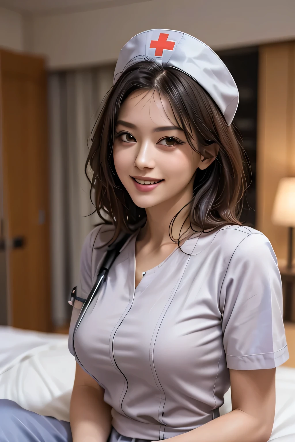 (masterpiece:1.2, Highest quality), (Realistic, photoRealistic:1.4), Beautiful CG, (Natural Side Lighting, Cinema Lighting), Looking at the audience, Upper Body, (Front view), 1 girl, Perfect Face, Symmetrical cute face, double eyelid, Long eyelashes, (Large Breasts), Beautiful Hair, Beautiful Face, Beautiful and beautiful eyes, Glowing Skin, Beautiful body, Beautiful breasts, Beautiful thighs, Beautiful feet, ((background: Hospital room)), (Beautiful smile:1.2, wonderful), ((Wearing a nurse cap and uniform)), (Bob Hair), (from the front)
