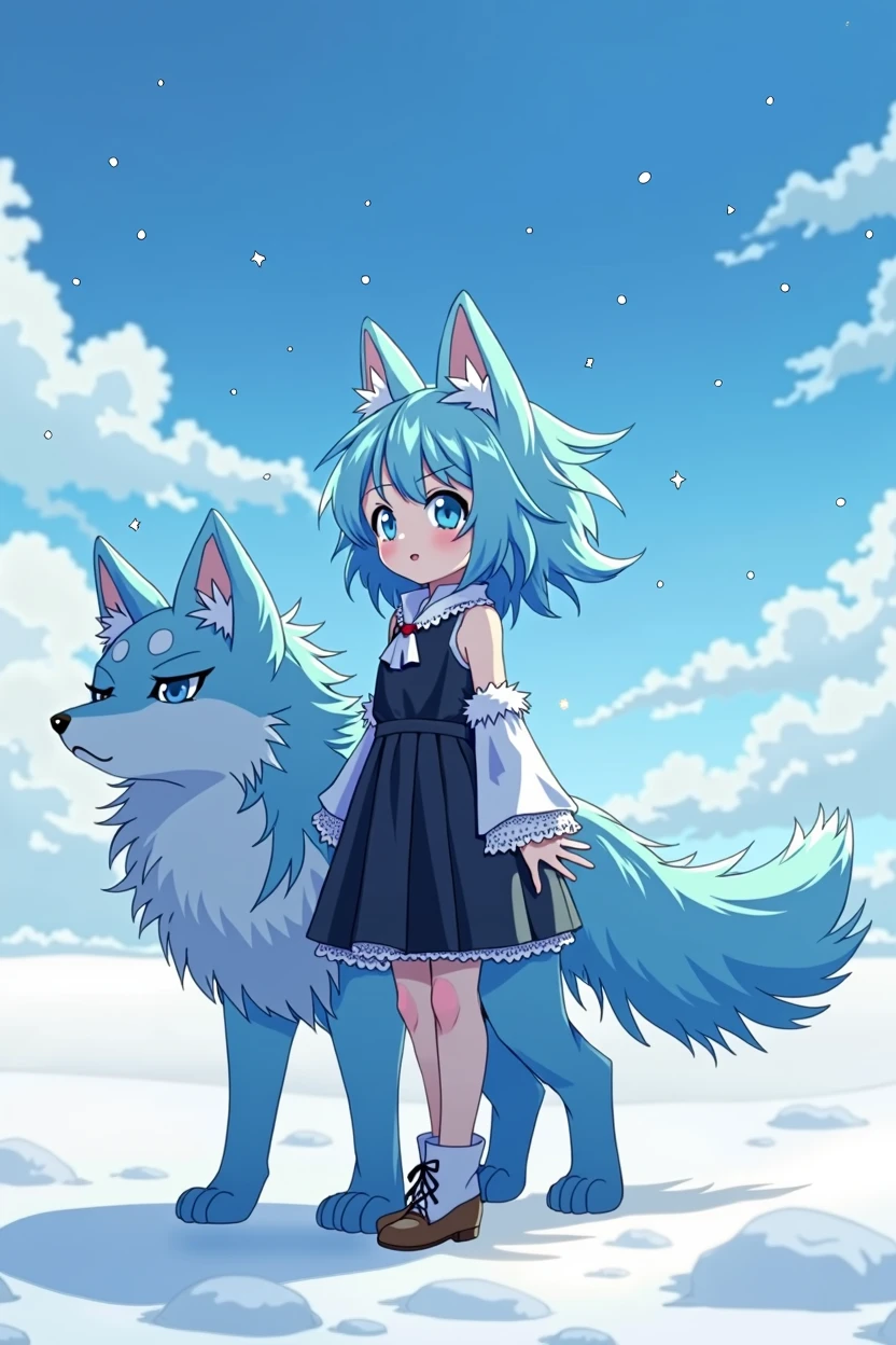 anime,Change, human girl,Whole body, by the wide, blue fur, blue eyes, black and white clothes, small stature,

snowy place background