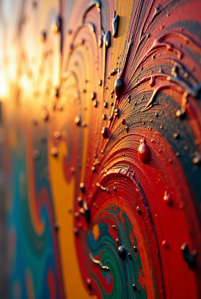 A close-up shot of a wall with vibrant, swirling patterns of paint, reminiscent of abstract expressionism, with bold brushstrokes and textured details, warm lighting, 8k resolution, highly detailed, masterpiece, Nikon D850 camera, 24-70mm lens, f/2.8 aperture, 1/125s shutter speed, ISO 100, soft focus effect.
