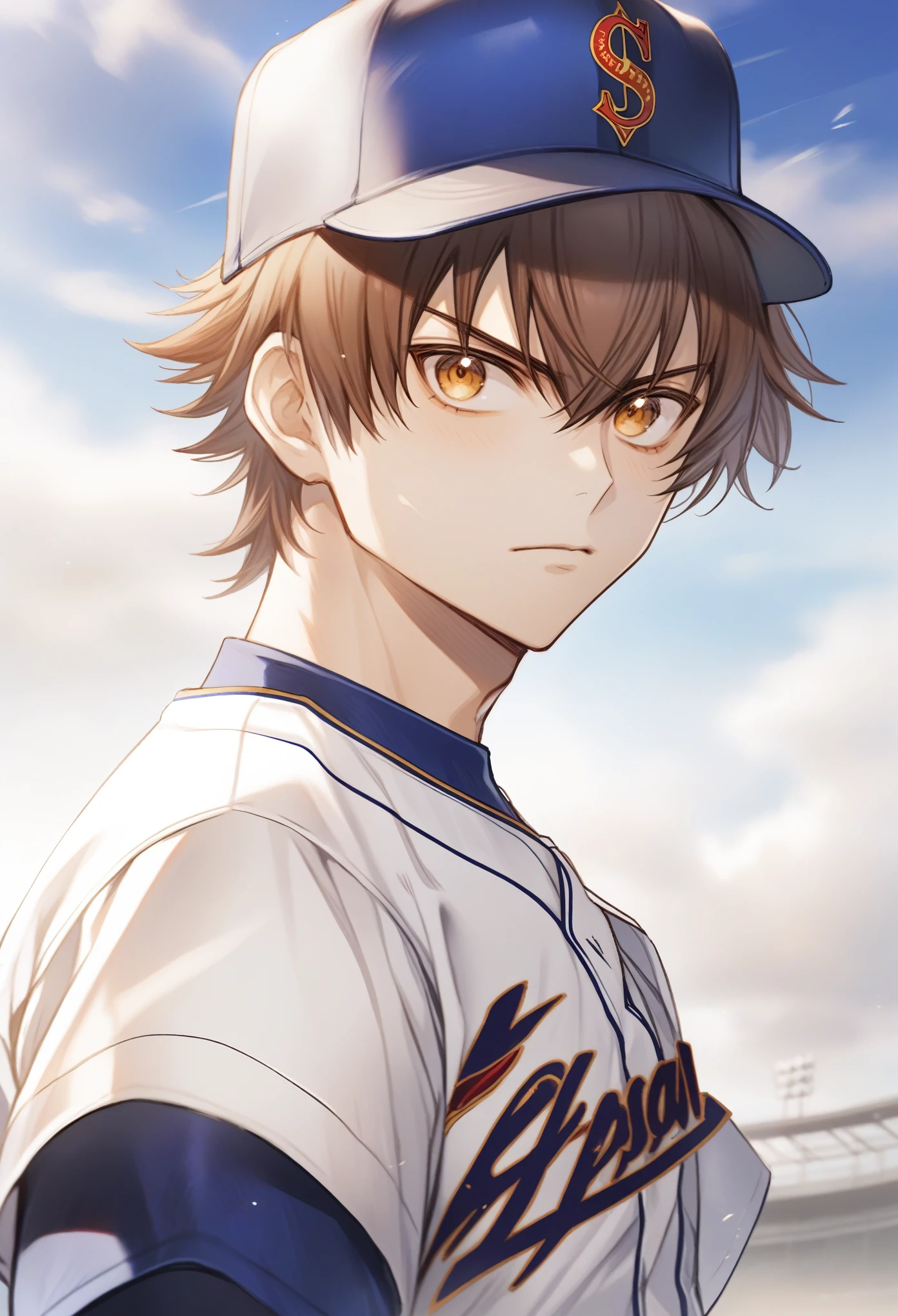 score_9, score_8_superior, score_7_superior, sauce_anime, Rissawa Pony, Sawamura Eijun \(Ace of Diamonds\), One boy, Brown Hair, Portraiture, View your viewers, Baseball uniforms, Expressionless, Wind Effects, Cowboy Shot