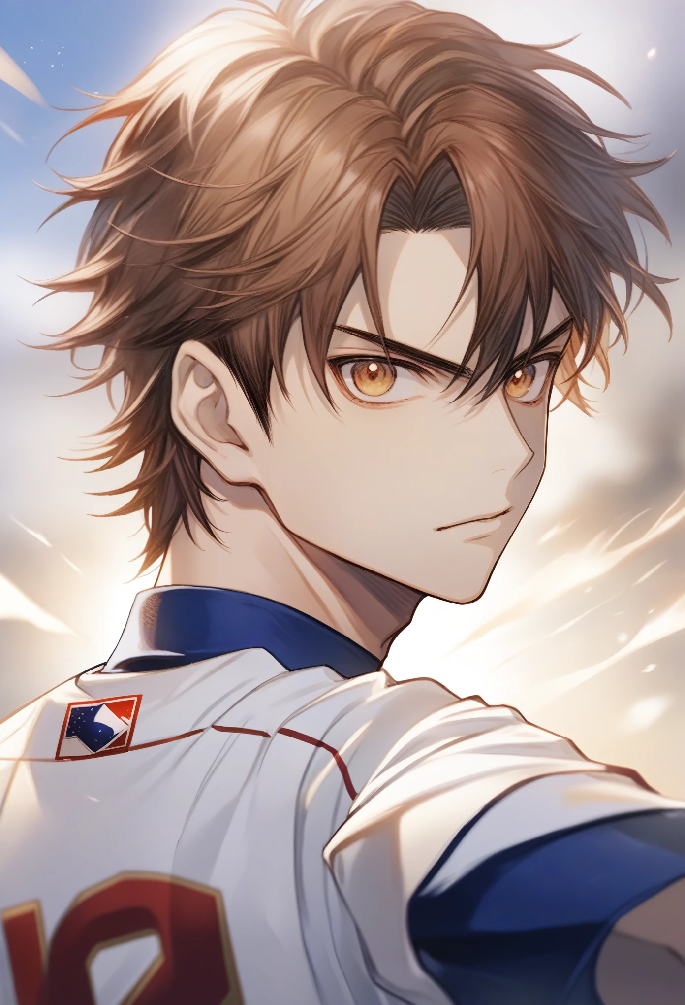 score_9, score_8_superior, score_7_superior, sauce_anime, Rissawa Pony, Sawamura Eijun \(Ace of Diamonds\), One boy, Brown Hair, Portraiture, View your viewers, Baseball uniforms, Expressionless, Wind Effects, Cowboy Shot