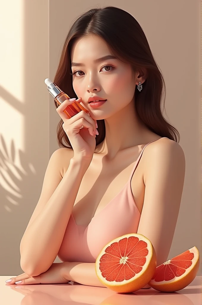 Woman holding a dropper product and with grape fruit compounds next to it