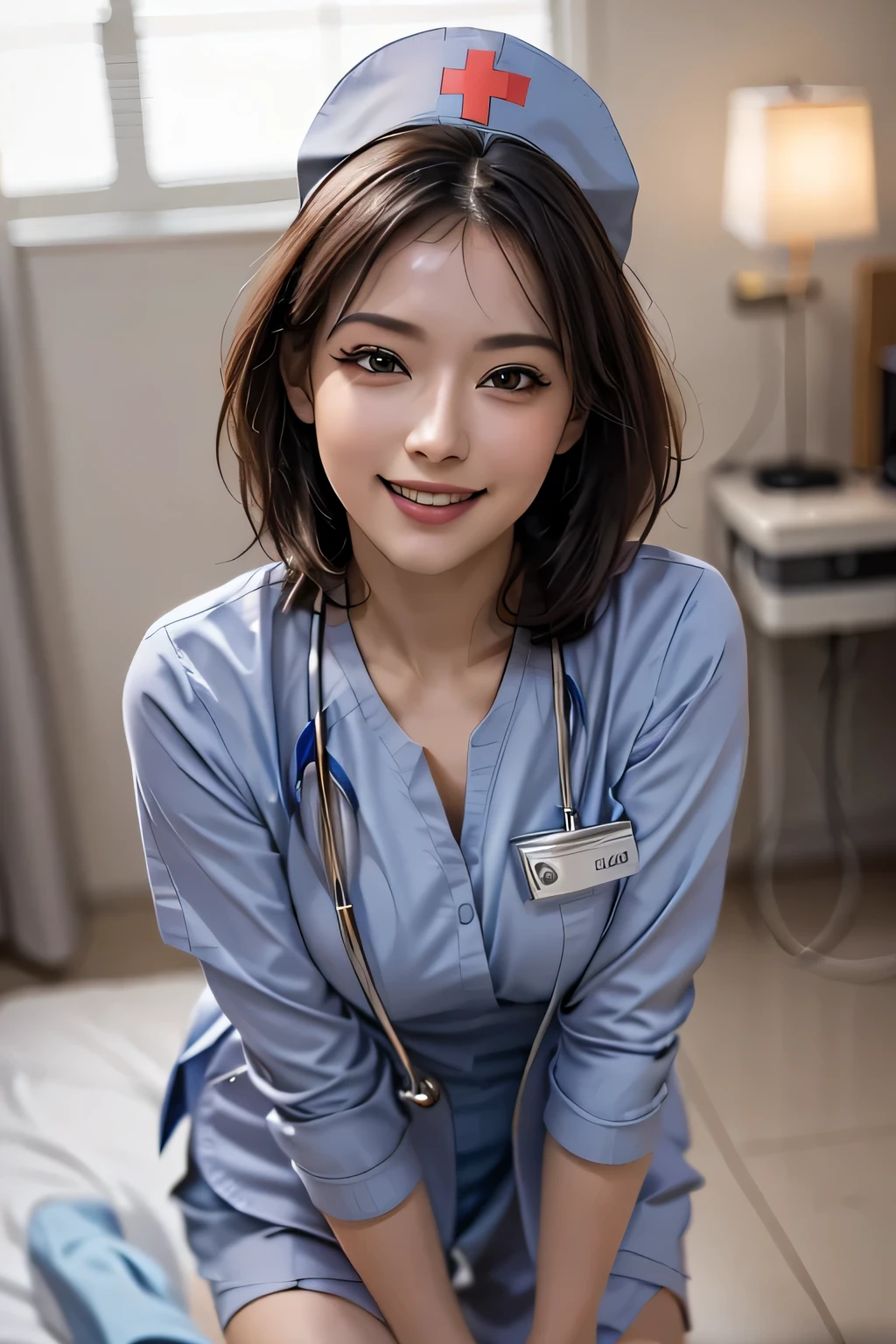 (masterpiece:1.2, Highest quality), (Realistic, photoRealistic:1.4), Beautiful CG, (Natural Side Lighting, Cinema Lighting), Looking at the audience, Upper Body, (Front view), 1 girl, Perfect Face, Symmetrical cute face, double eyelid, Long eyelashes, (Large Breasts), Beautiful Hair, Beautiful Face, Beautiful and beautiful eyes, Glowing Skin, Beautiful body, Beautiful breasts, Beautiful thighs, Beautiful feet, ((background: Hospital room)), (Beautiful smile:1.2, wonderful), ((Wearing a nurse cap and uniform)), (Bob Hair), (from the front)
