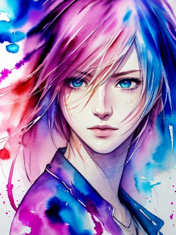 (((Agnes Cecile:1.3, watercolor))), precise lineart:1.1, glowing design, ink drops, Final Fantasy XIII Character Lightning (Claire Farron), centered, key visual, intricate, highly detailed, breathtaking beauty, vibrant, Beautiful Muses, comprehensive cinematic, ((Carne Griffiths, Conrad Roset)), autumn lights, (the most beautiful portrait in the world:1.4), (masterpiece, best quality),