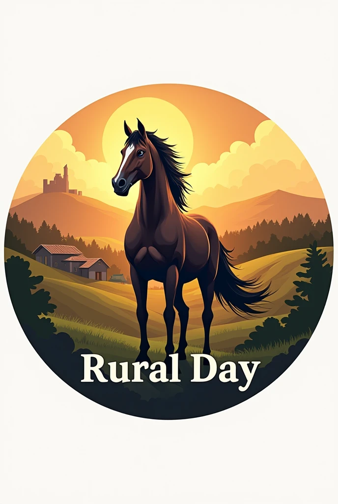 A circular logo with a farm, zaun, a sun behind and a horse in front, name below Rural Day