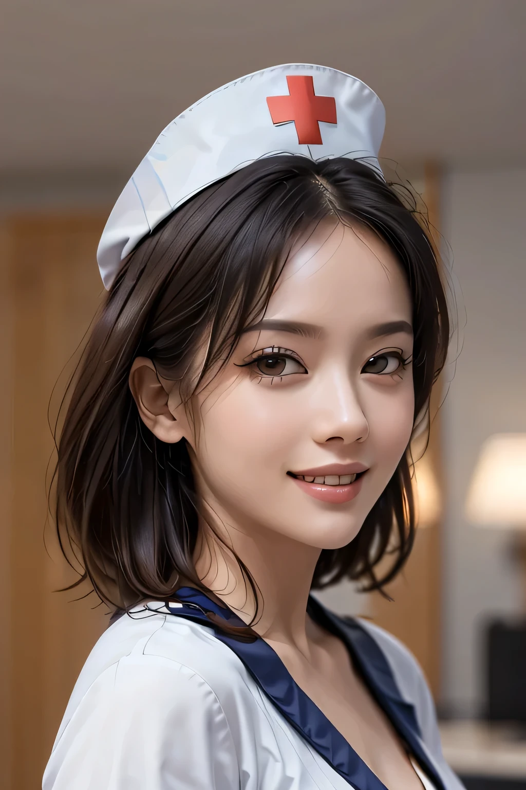 (masterpiece:1.2, Highest quality), (Realistic, photoRealistic:1.4), Beautiful CG, (Natural Side Lighting, Cinema Lighting), Looking at the audience, Upper Body, (Front view), 1 girl, Perfect Face, Symmetrical cute face, double eyelid, Long eyelashes, (Large Breasts), Beautiful Hair, Beautiful Face, Beautiful and beautiful eyes, Glowing Skin, Beautiful body, Beautiful breasts, Beautiful thighs, Beautiful feet, ((background: Hospital room)), (Beautiful smile:1.2, wonderful), ((Wearing a nurse cap and uniform)), (Bob Hair), (from the front)
