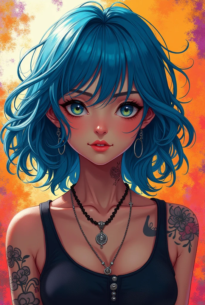 A girl with medium blue hair who likes rock music
