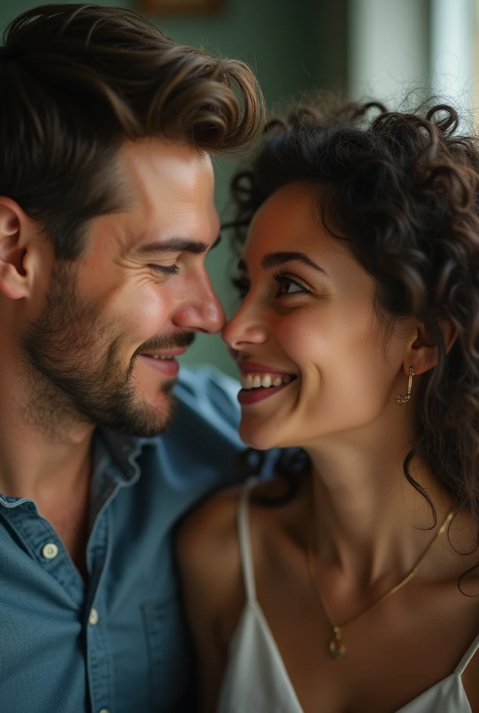 Close-up frontal angle、The scene shows him smiling and listening to her.