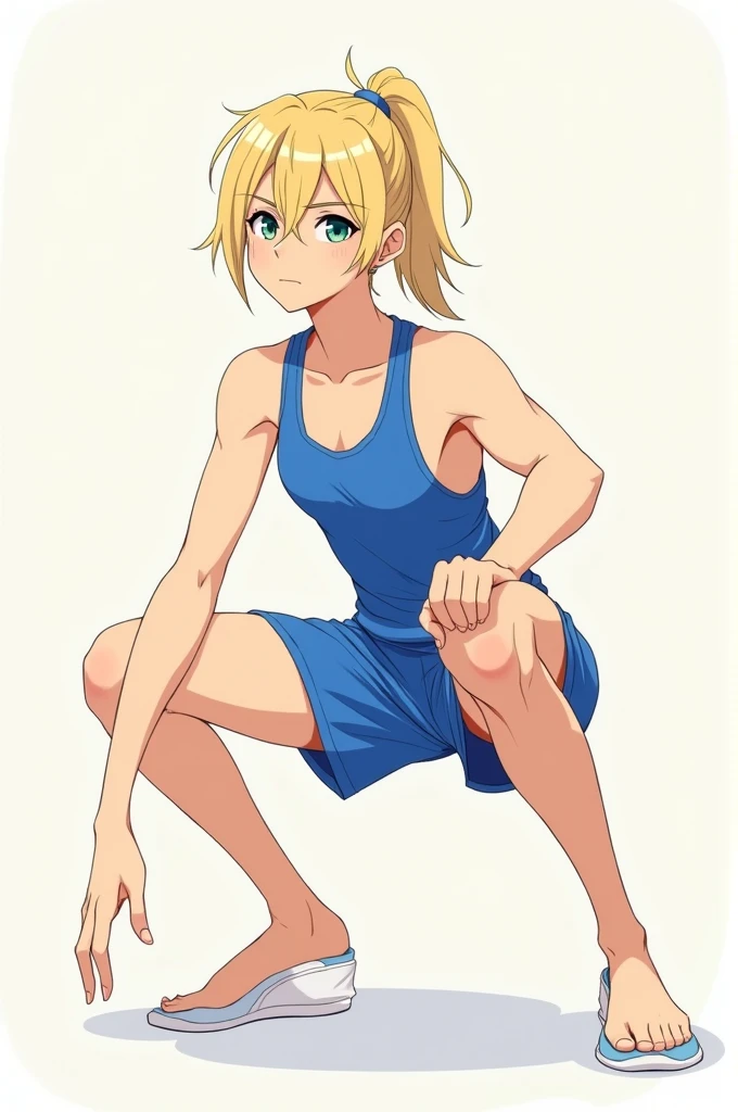 Full-body anime blonde femboy with ponytail wearing blue gym clothes and doing squats