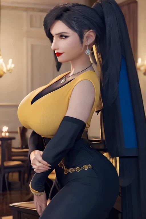 Tifa lockhart, implanted Big breast, long sleeve thin yellow  dress that show body curve with a cleavage,Game,1girl,Jewel ring,Gold chained round shape necklace,Hoopa earring,Bracelet,Red lips,(Dark blue eyeshadow),Big cleavage,hair bun,Beehive Bun style ,black hair,Curvy,Unnatural big breast,Cleavage,black color long nail,Swaying hip,Head to waist view,Sculpted calves figure,Thick tights,Wide hips,very big cleavage,Enchanced big breast,((Diamond wedding ring)),Aristoticat ring, Detailed eyes,Busty,don corneo mansion,Madam tifa,View from front,dangerous cleavage,semi sweetheart cleavage,Solo,looking at you,Dignified expression,Show off cleavage