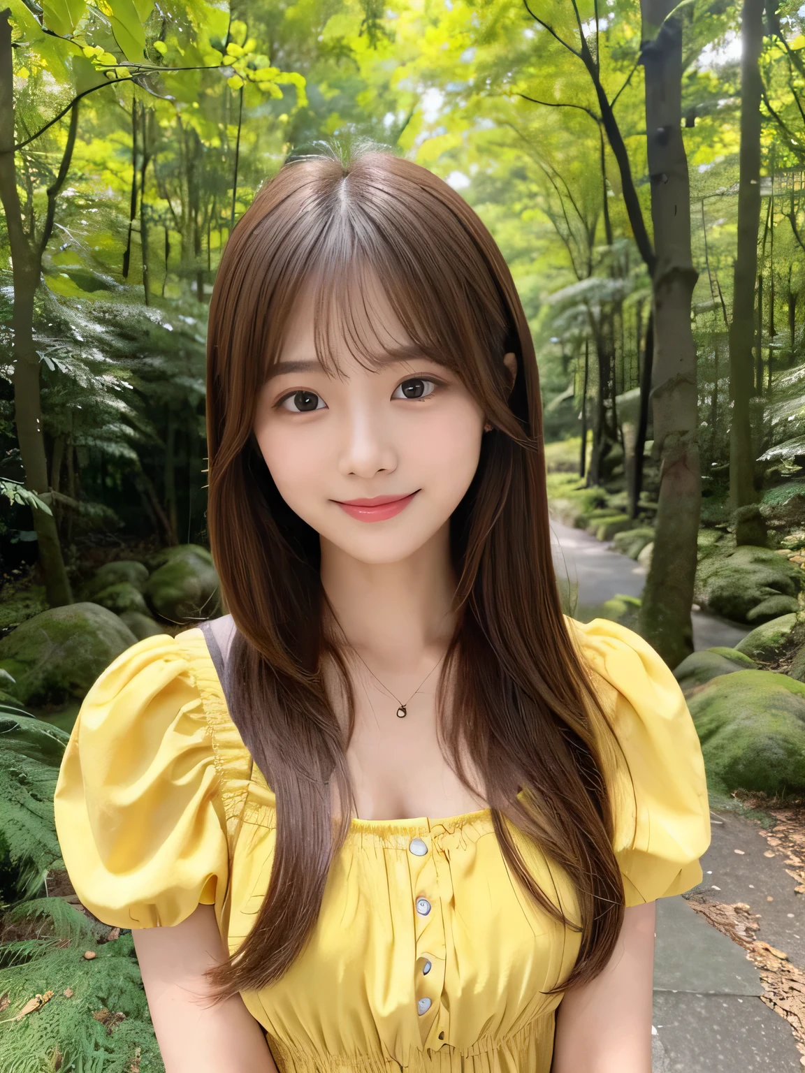 masterpiece、1 beautiful girl、delicate eyes、puffy eyes、top quality, 超High resolution, (facticity: 1.4)、Japanese、Asian Beauty、Super beautiful、beautiful skin、A slender one、Full body front view、(surreal)、(High resolution)、(8k)、(Very detailed)、(beautiful delicate eyes)、(Super detailed)、、a delicate face、professional lighting、(The clothing is a yellow dress)、long hair,、brown hair、Japan idle、Korean idol、Posing a gravure idol、、25 years old、High target, Smile, Forest scene、