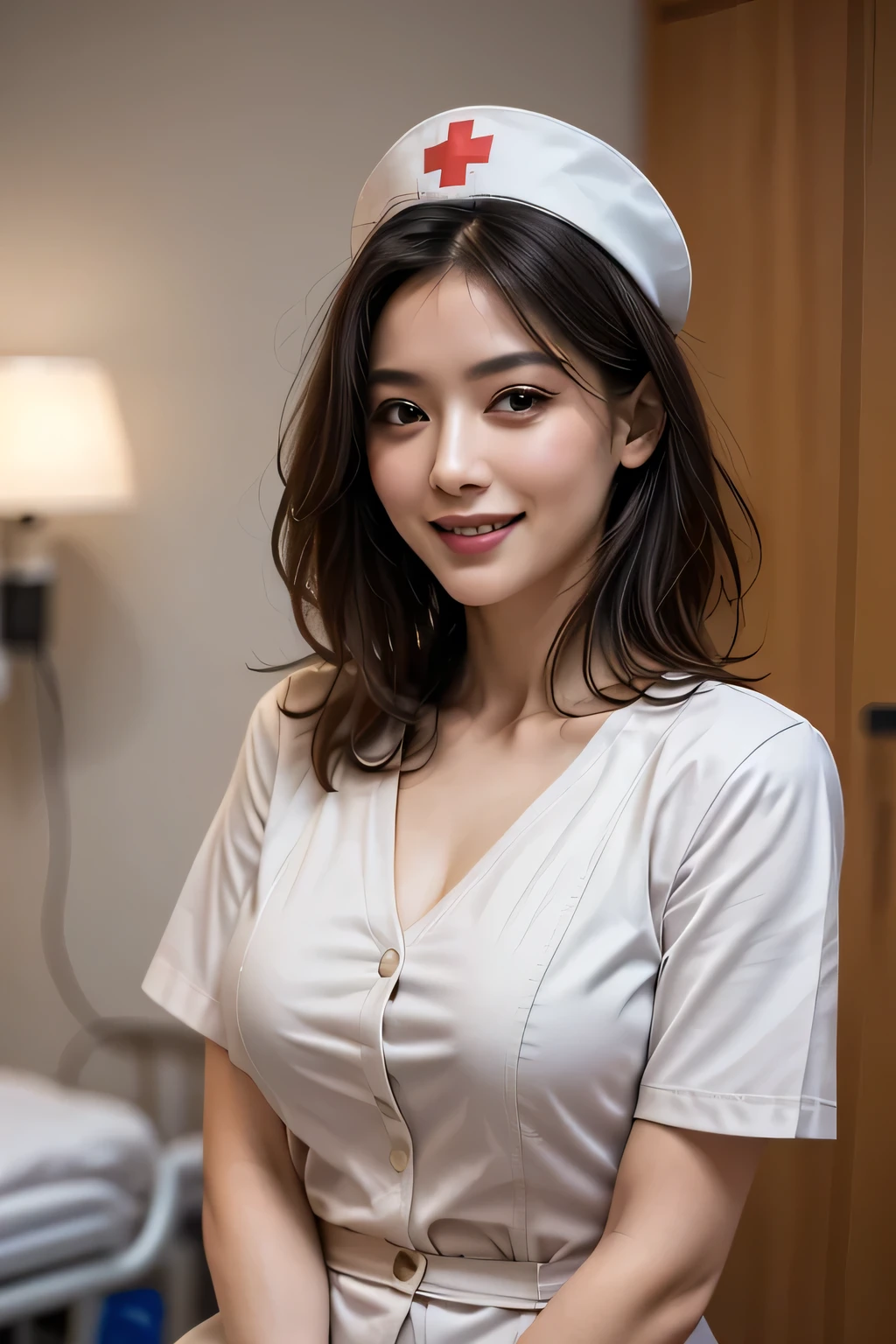 (masterpiece:1.2, Highest quality), (Realistic, photoRealistic:1.4), Beautiful CG, (Natural Side Lighting, Cinema Lighting), Looking at the audience, Upper Body, (Front view), 1 girl, Perfect Face, Symmetrical cute face, double eyelid, Long eyelashes, (Large Breasts), Beautiful Hair, Beautiful Face, Beautiful and beautiful eyes, Glowing Skin, Beautiful body, Beautiful breasts, Beautiful thighs, Beautiful feet, ((background: Hospital room)), (Beautiful smile:1.2, wonderful), ((Wearing a nurse cap and uniform)), (Bob Hair), (from the front)
