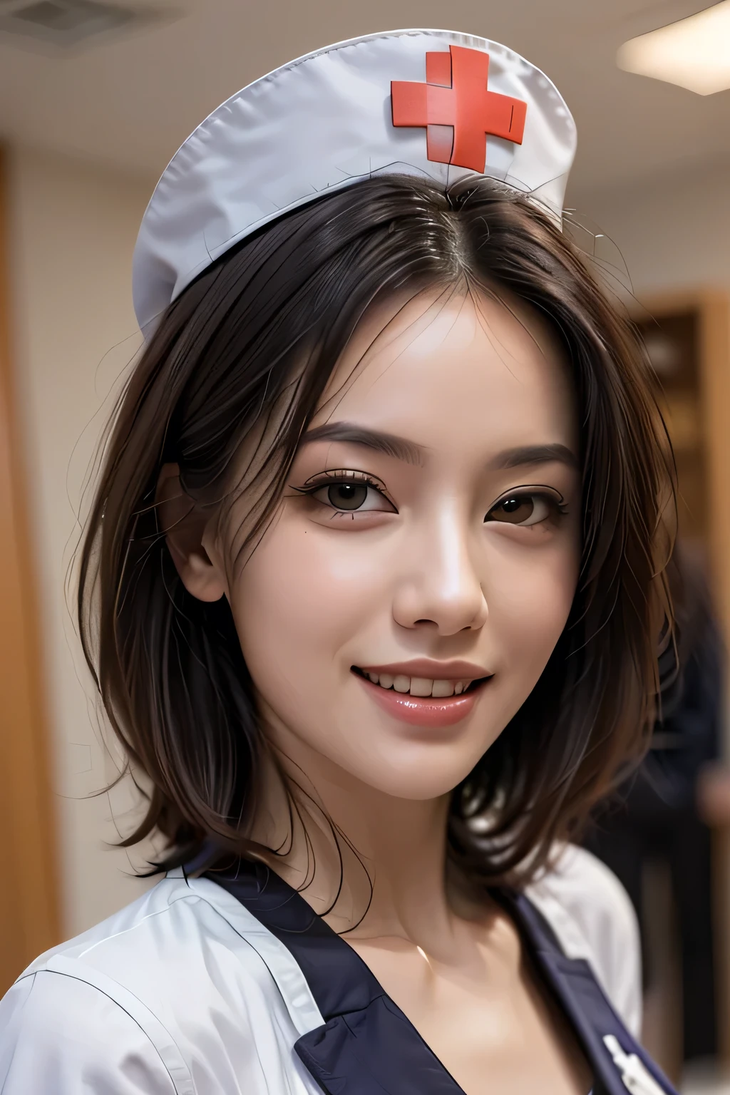 (masterpiece:1.2, Highest quality), (Realistic, photoRealistic:1.4), Beautiful CG, (Natural Side Lighting, Cinema Lighting), Looking at the audience, Upper Body, (Front view), 1 girl, Perfect Face, Symmetrical cute face, double eyelid, Long eyelashes, (Large Breasts), Beautiful Hair, Beautiful Face, Beautiful and beautiful eyes, Glowing Skin, Beautiful body, Beautiful breasts, Beautiful thighs, Beautiful feet, ((background: Hospital room)), (Beautiful smile:1.2, wonderful), ((Wearing a nurse cap and uniform)), (Bob Hair), (from the front)
