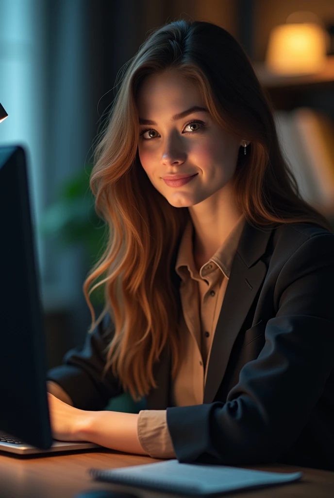 a pretty one with long brown hair, detailedeyes, nase, and lips, wearing professional clothing, sitting in his office, using your computer, HP computer (best qualityer,4K,8k,high resolution,work of art:1.2),ultra detali,(realisitic,photorealisitic,photo-realisitic:1.37),HDR,studio lighting,extremely detailed face and body, portraite,cinematic lighting,dramatic lighting,warm color tones,dramatic colors