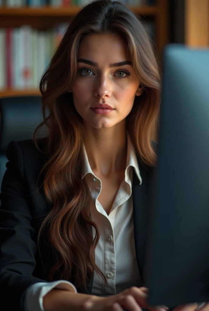 a pretty one with long brown hair, detailedeyes, nase, and lips, wearing professional clothing, sitting in his office, using your computer, HP computer (best qualityer,4K,8k,high resolution,work of art:1.2),ultra detali,(realisitic,photorealisitic,photo-realisitic:1.37),HDR,studio lighting,extremely detailed face and body, portraite,cinematic lighting,dramatic lighting,warm color tones,dramatic colors