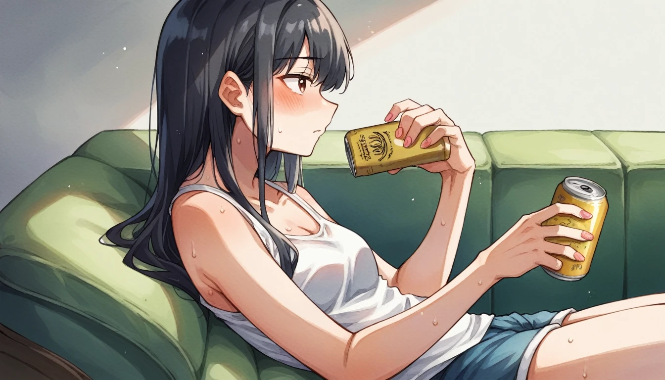 (watercolor:1.2), watercolor, One Girl, alone, Long Hair, Black Hair, Holding,Holding、 Pleats, Sweat, 部屋にaloneいる, profile, Beer cans on the table、Painting \(Moderate\), White tank top,, blush, Shorts, From the side, Day, sitting on sofa looking at smartphone, Cowboy Shot, Day光, Brown eyes, bangs, chest, Pink Nails、relax